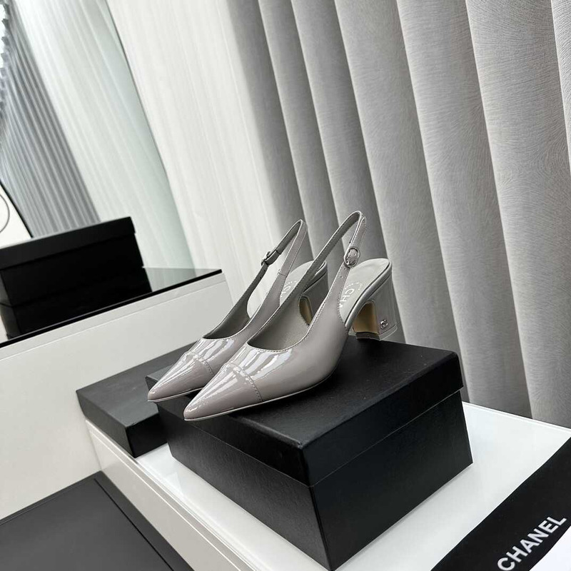 Ch*el slingbacks patent calfskin grey