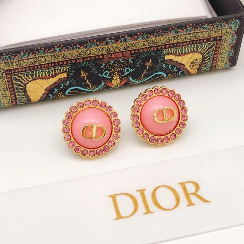 D*or petit cd baroque stud earrings gold-finish metal, pink crystals and light pink glass