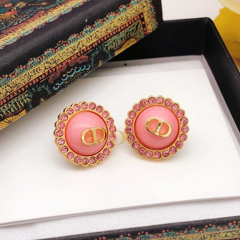 D*or petit cd baroque stud earrings gold-finish metal, pink crystals and light pink glass