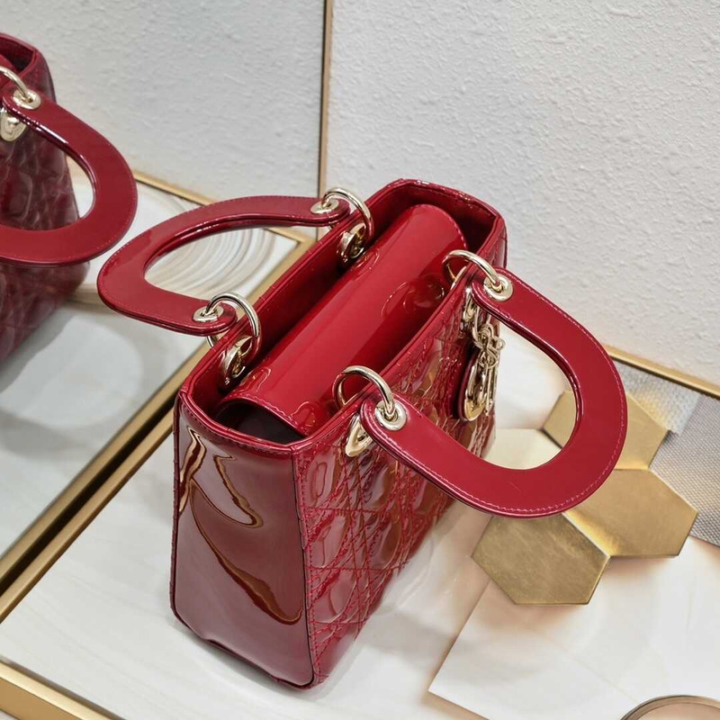 ch**an D*or small lady D*or bag cherry red patent cannage calfskin