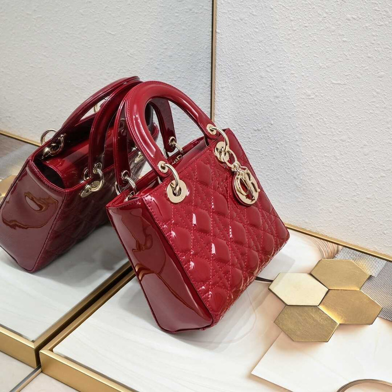 ch**an D*or small lady D*or bag cherry red patent cannage calfskin