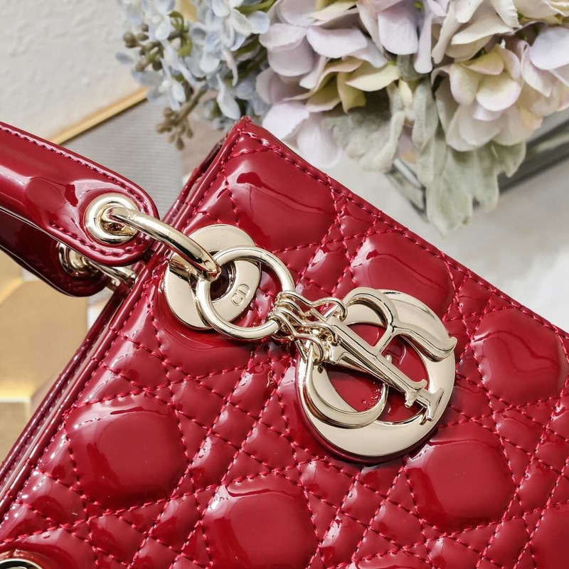 ch**an D*or small lady D*or bag cherry red patent cannage calfskin