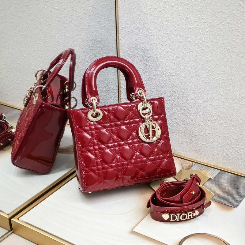 ch**an D*or small lady D*or bag cherry red patent cannage calfskin