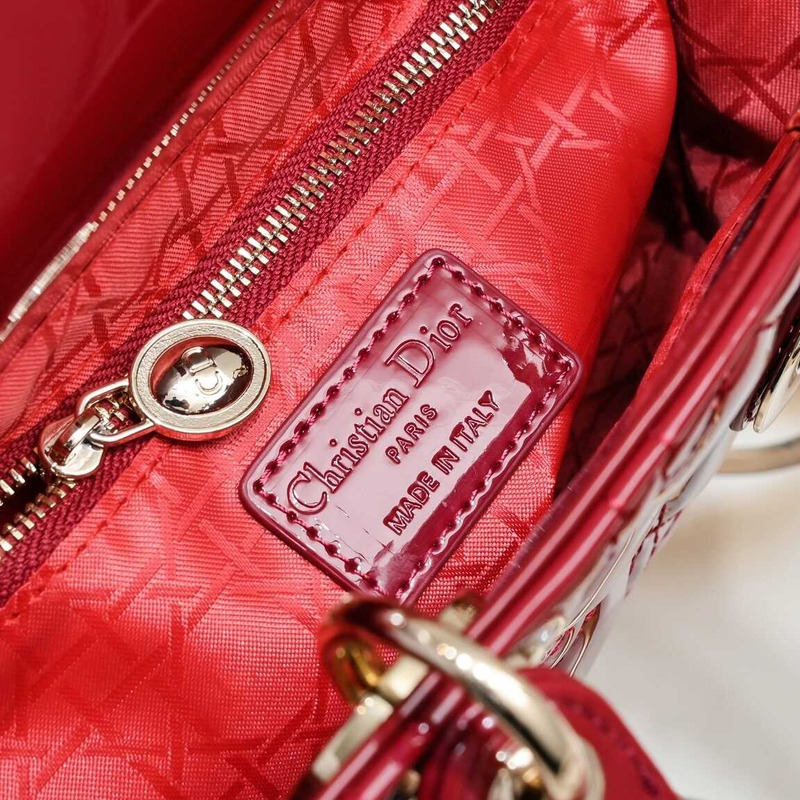 ch**an D*or small lady D*or bag cherry red patent cannage calfskin