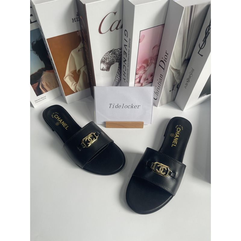 Ch*el leather slides black