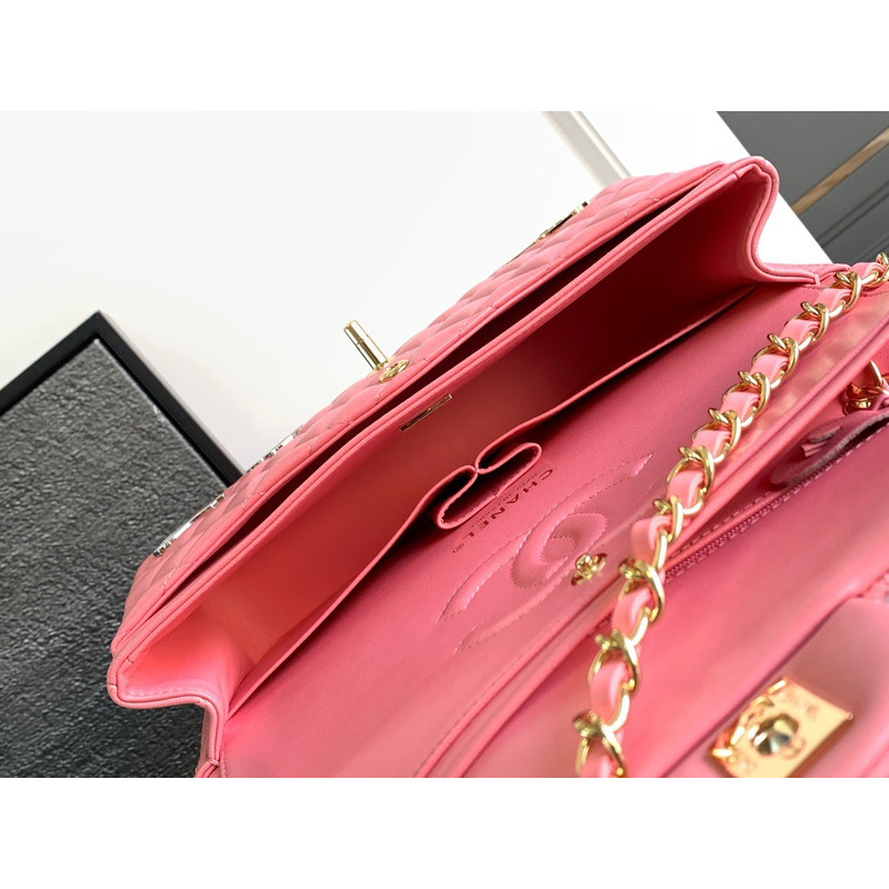 Ch*el classic handbag lambskin enamel & gold-tone metal coral pink