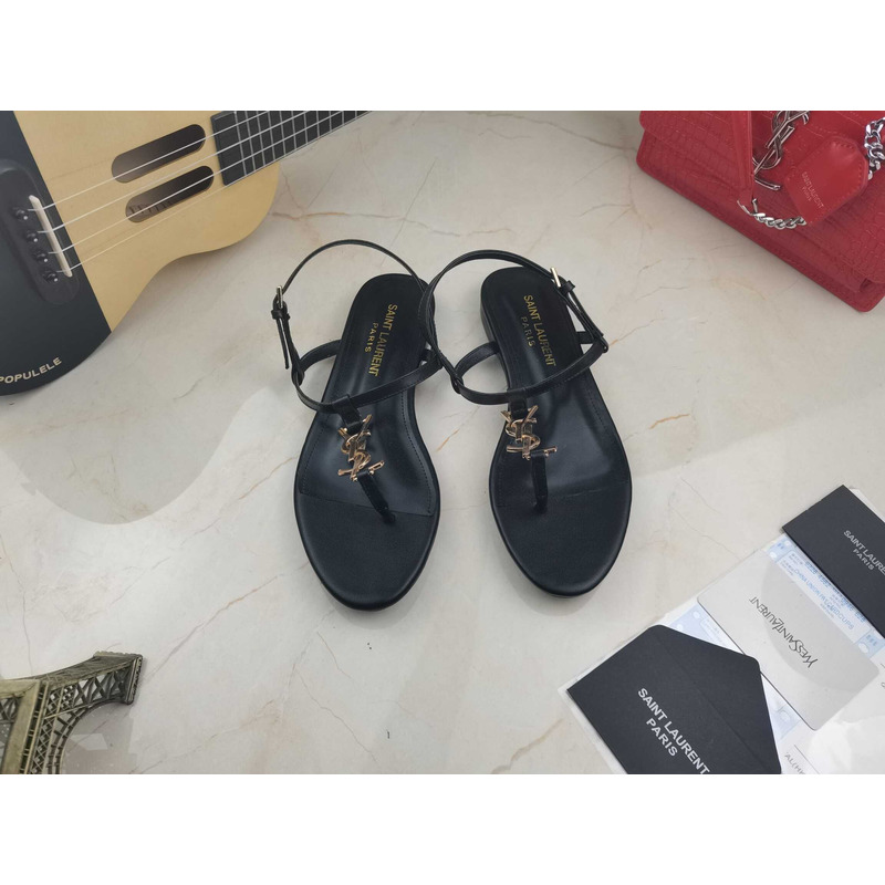 Saint Laurent Cassandra Satin Sandals Flat Black