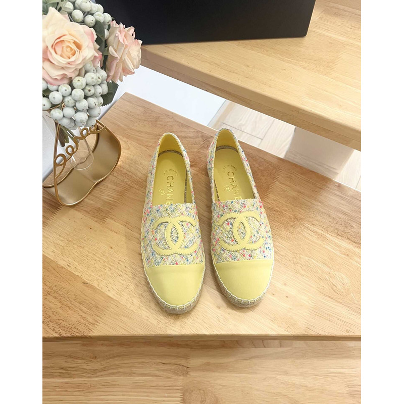 Ch*el espadrilles glittered cotton tweed & lambskin yellow & multicolor