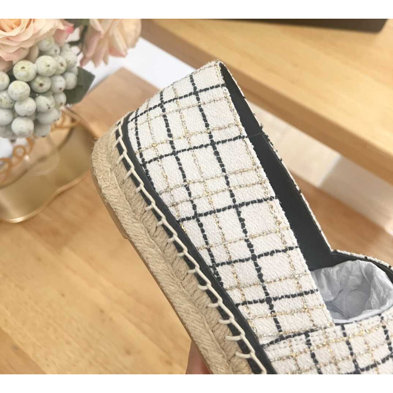 Ch*el espadrilles glittered cotton tweed & lambskin black & white