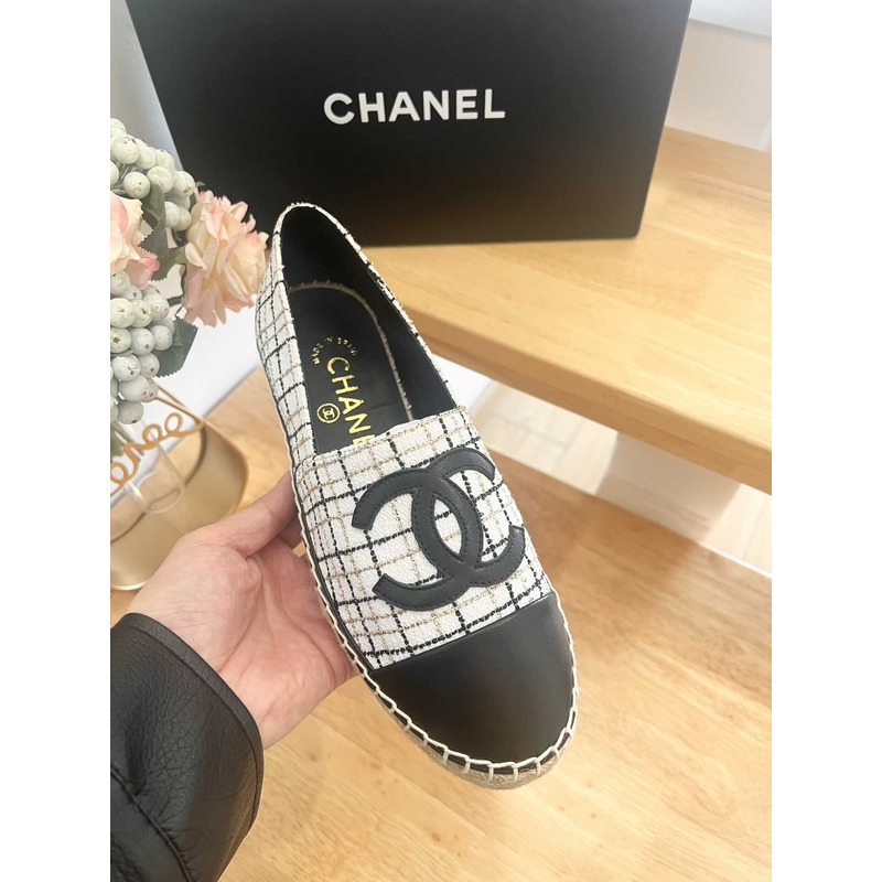 Ch*el espadrilles glittered cotton tweed & lambskin black & white