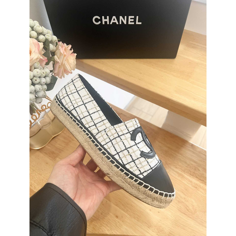 Ch*el espadrilles glittered cotton tweed & lambskin black & white