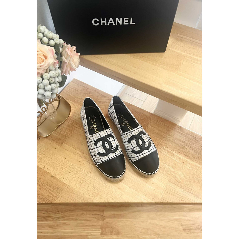 Ch*el espadrilles glittered cotton tweed & lambskin black & white