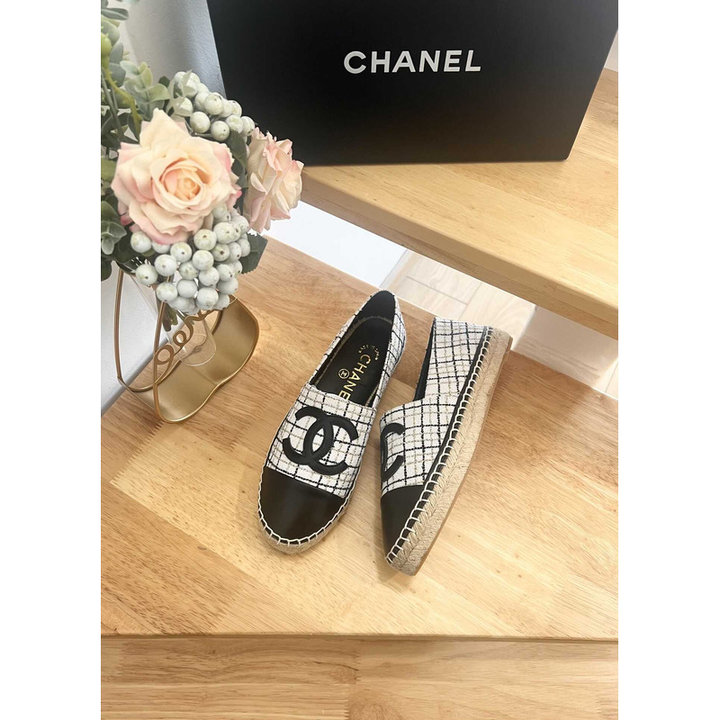 Ch*el espadrilles glittered cotton tweed & lambskin black & white