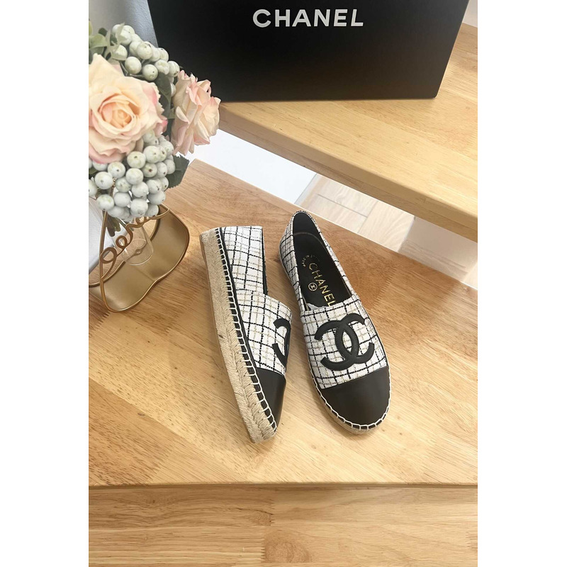 Ch*el espadrilles glittered cotton tweed & lambskin black & white