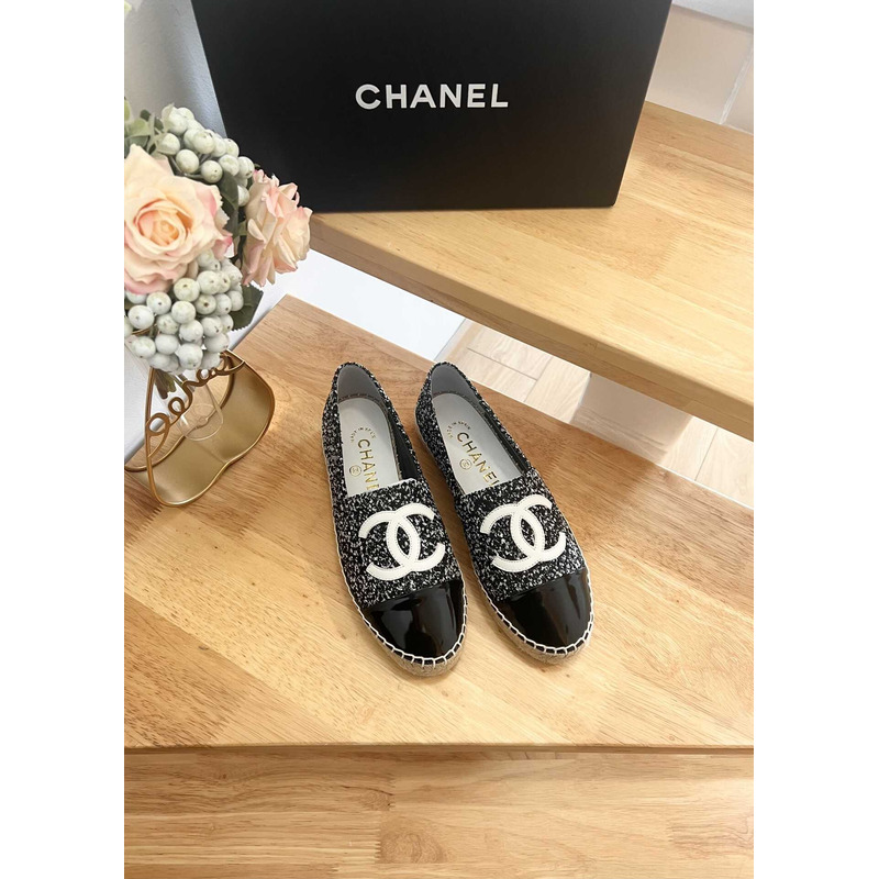 Ch*el espadrilles glittered cotton tweed & lambskin black