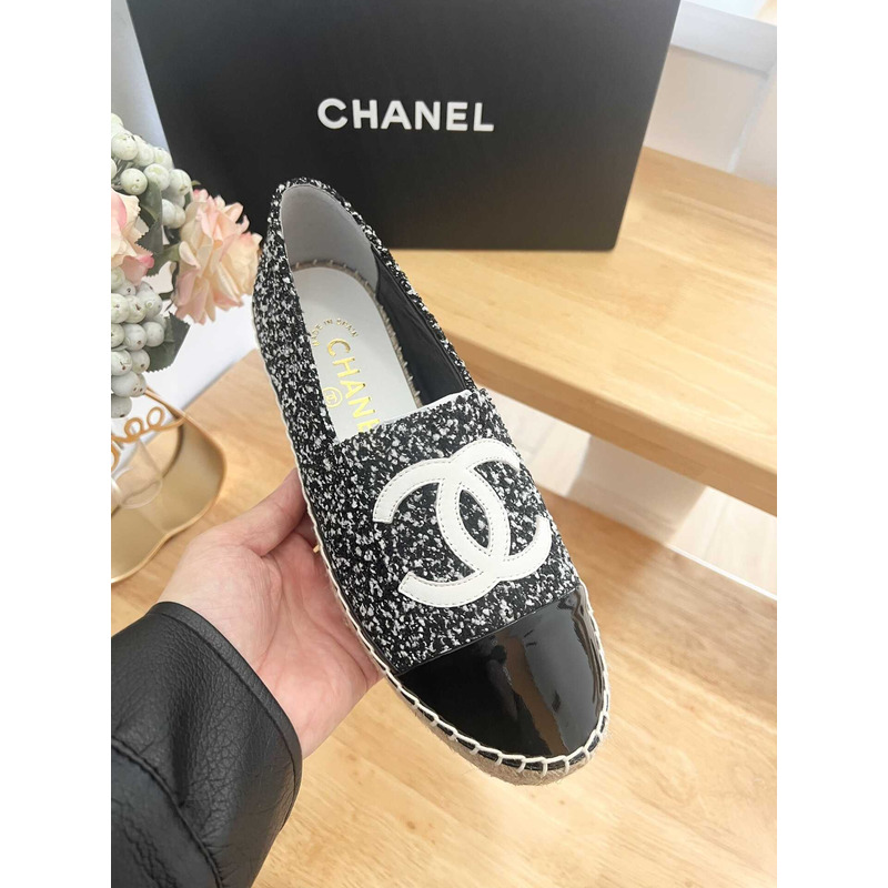 Ch*el espadrilles glittered cotton tweed & lambskin black