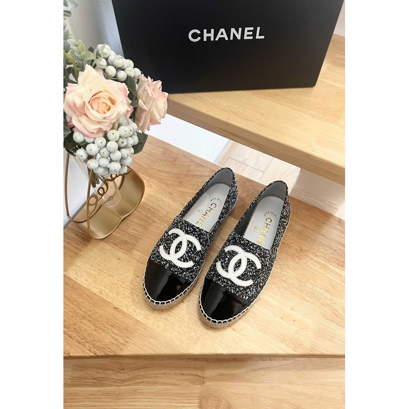 Ch*el espadrilles glittered cotton tweed & lambskin black