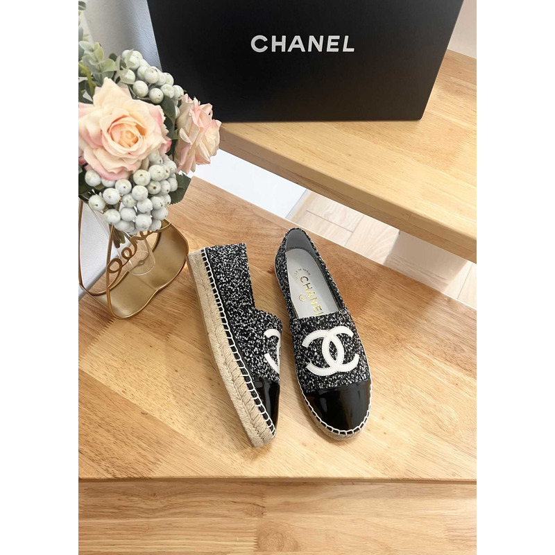 Ch*el espadrilles glittered cotton tweed & lambskin black