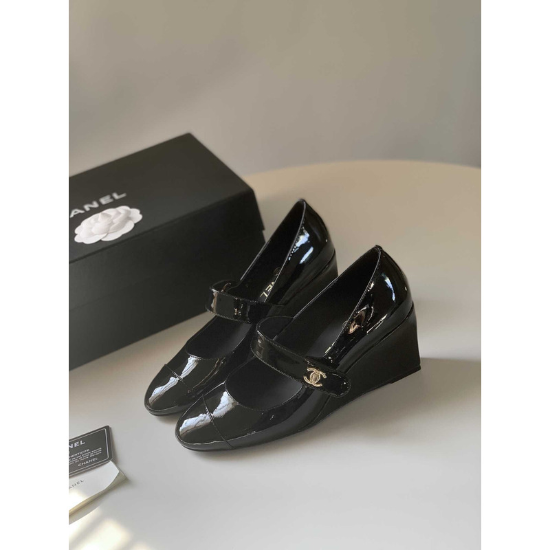 Ch*el mary janes patent calfskin & grosgrain black