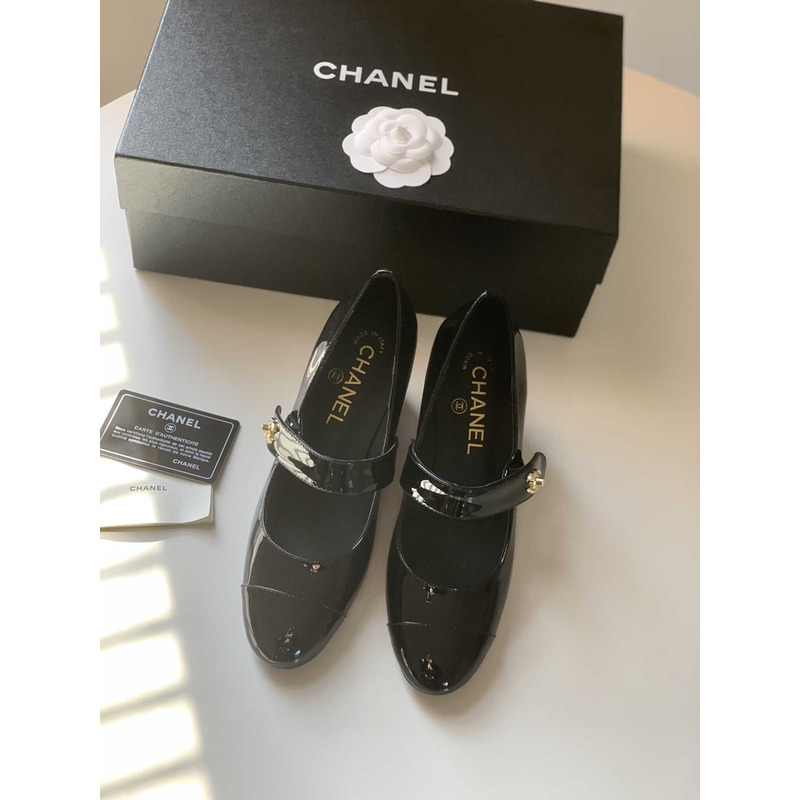 Ch*el mary janes patent calfskin & grosgrain black