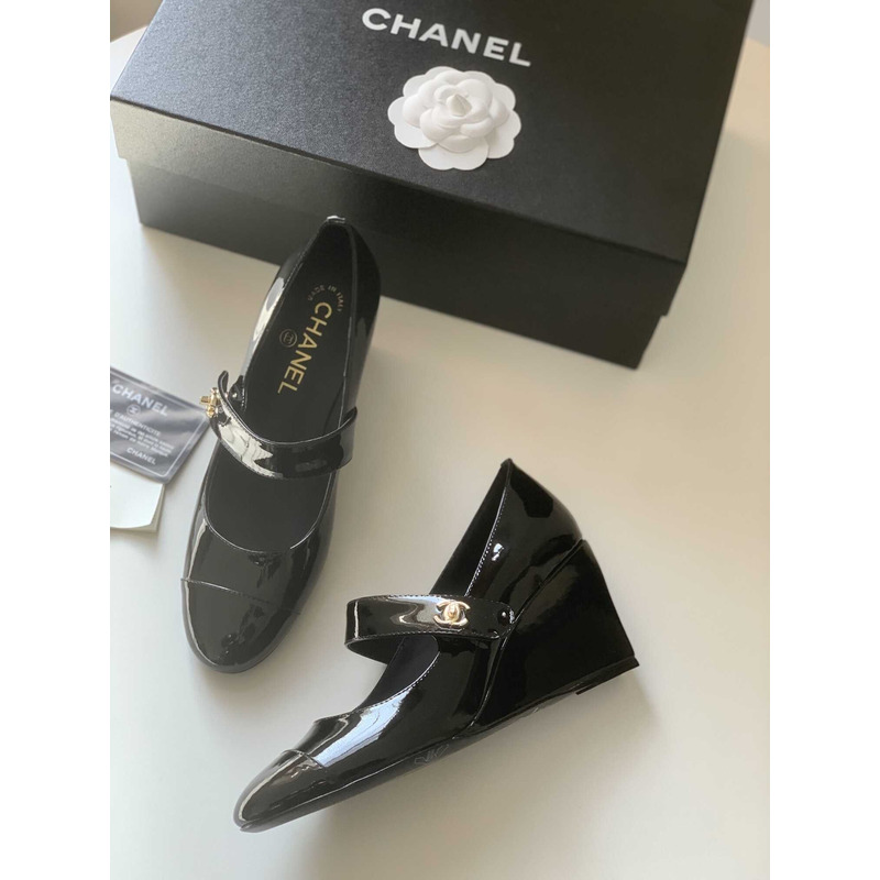 Ch*el mary janes patent calfskin & grosgrain black