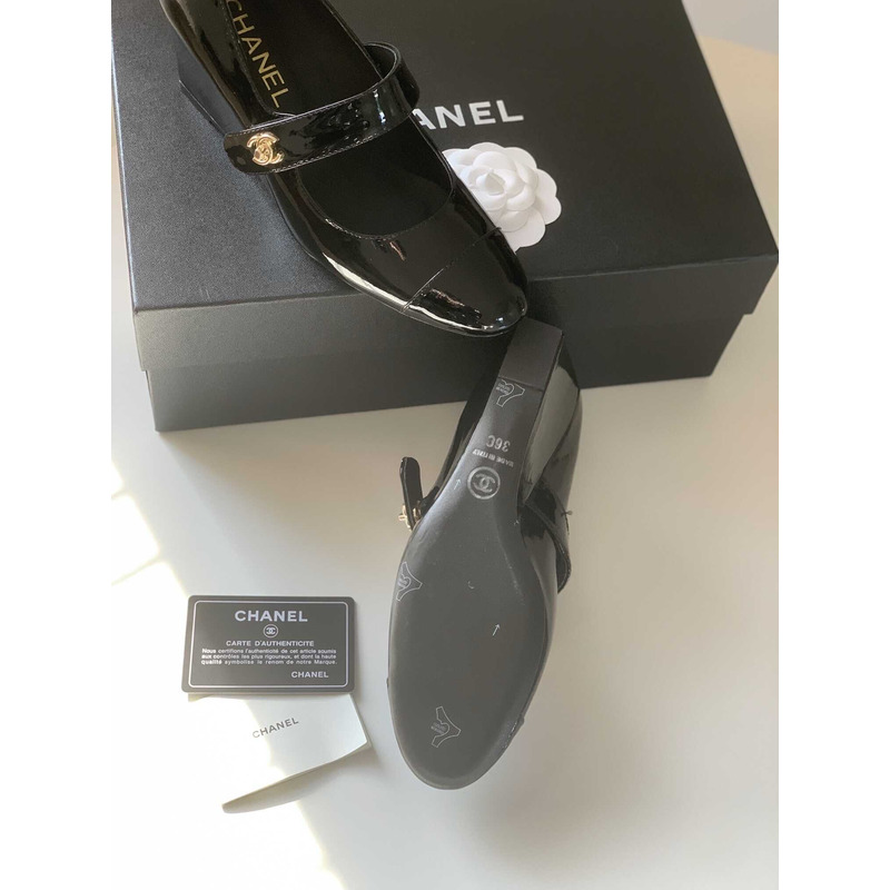 Ch*el mary janes patent calfskin & grosgrain black