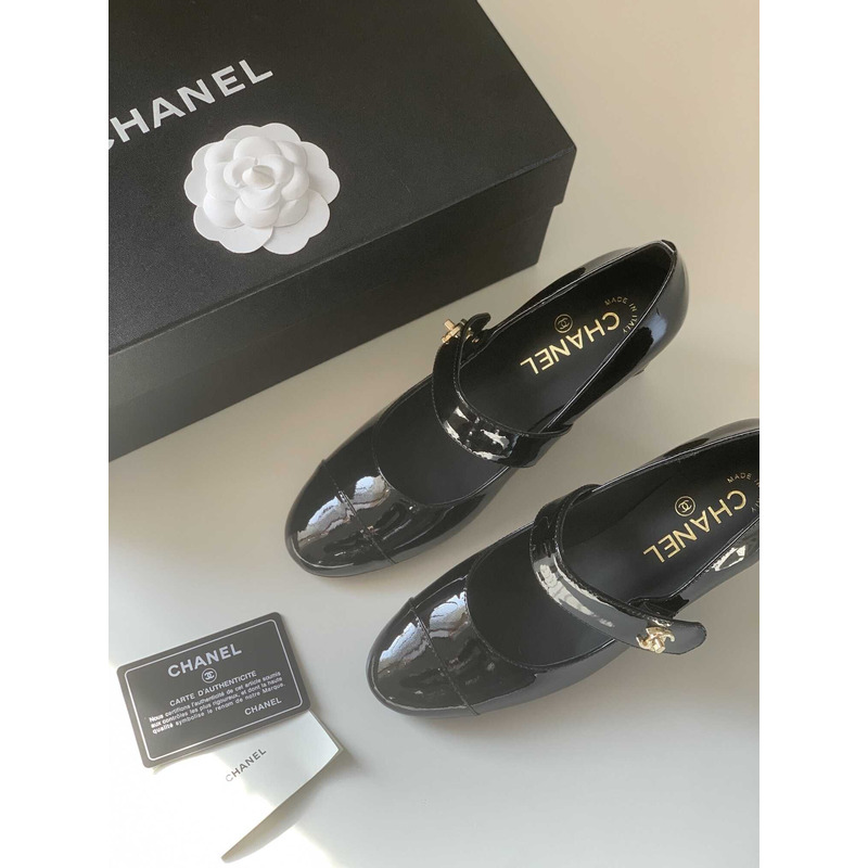 Ch*el mary janes patent calfskin & grosgrain black