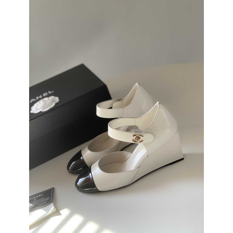 Ch*el lambskin patent cap toe mary jane wedge pumps white black