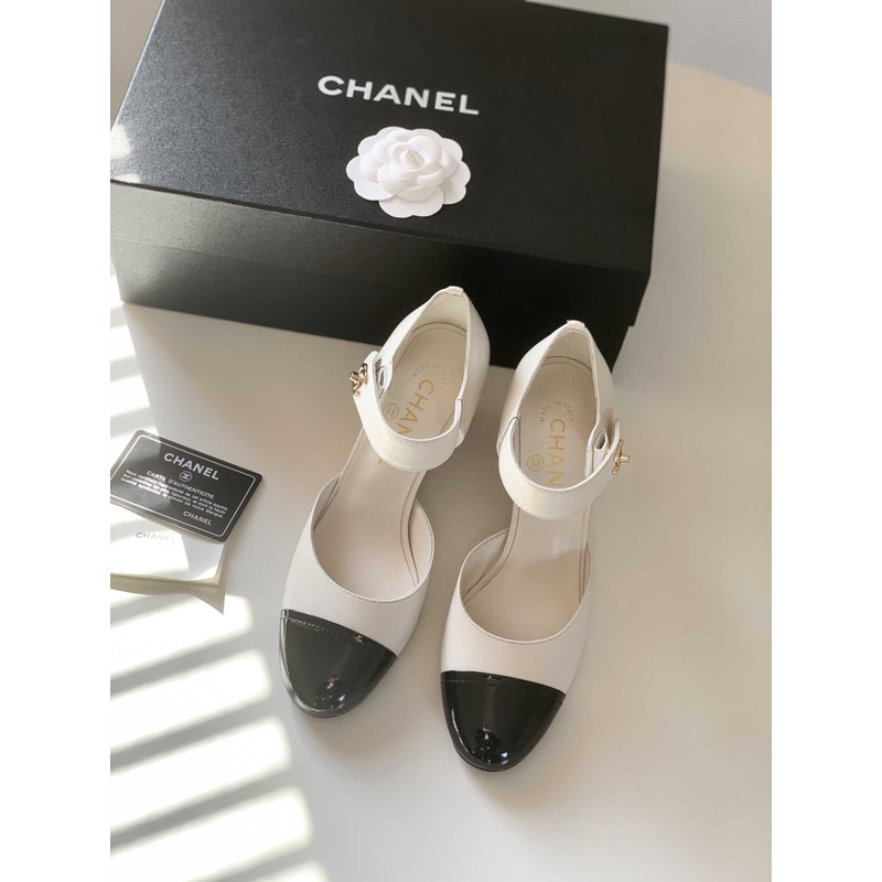 Ch*el lambskin patent cap toe mary jane wedge pumps white black