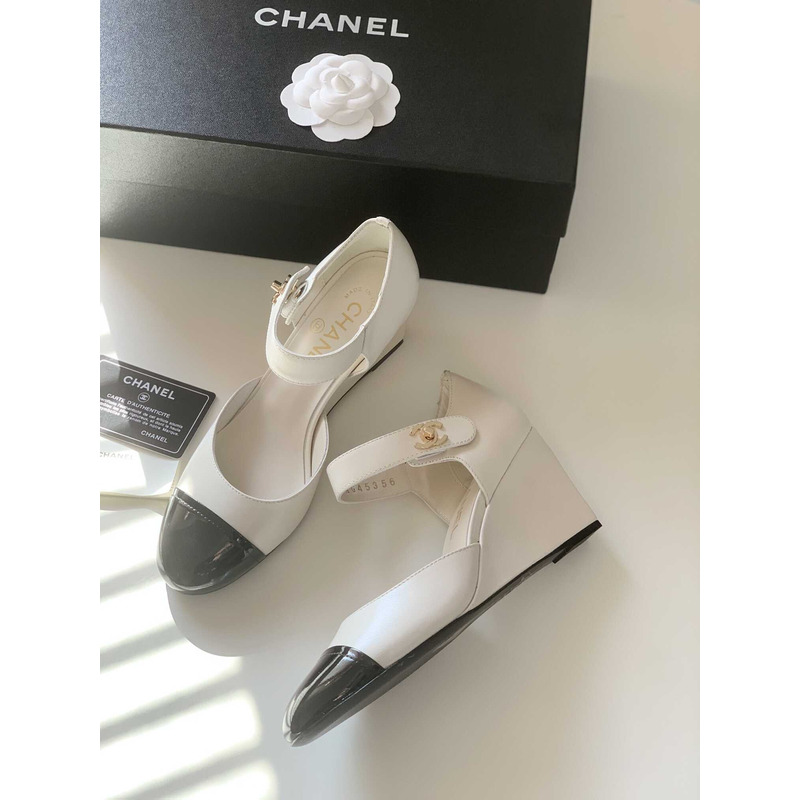 Ch*el lambskin patent cap toe mary jane wedge pumps white black