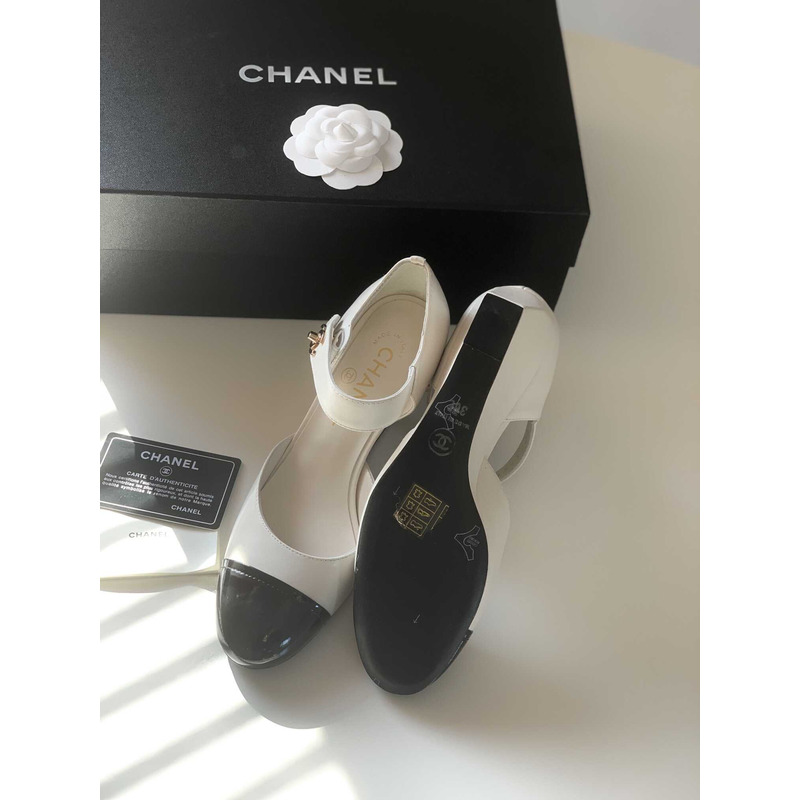 Ch*el lambskin patent cap toe mary jane wedge pumps white black