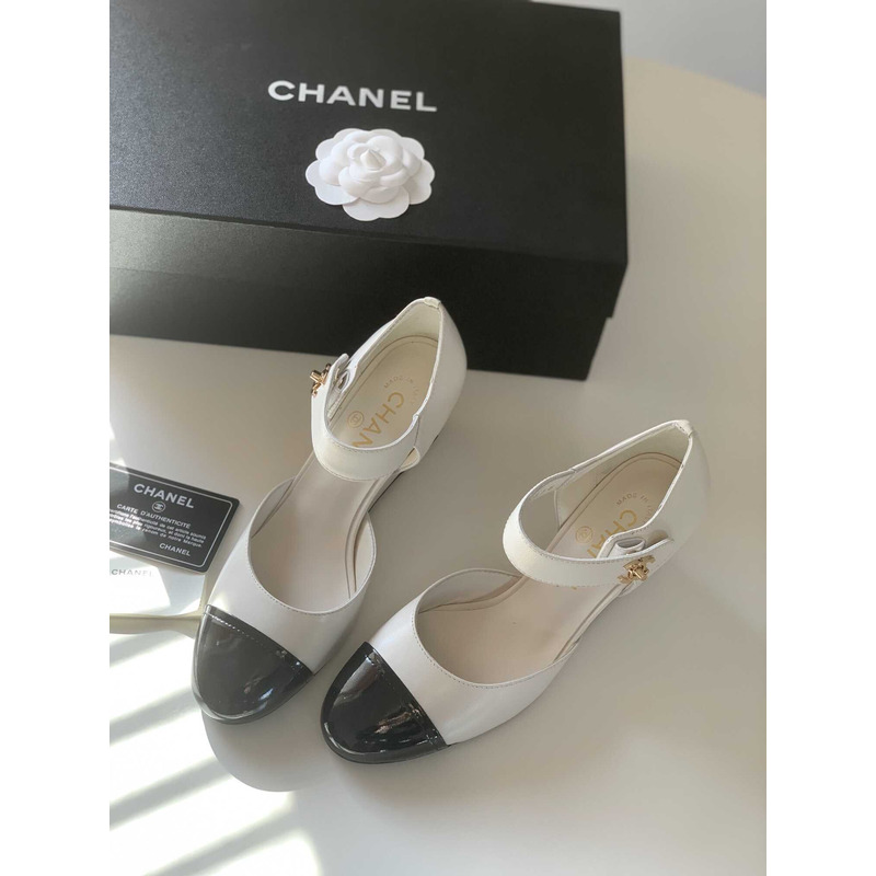 Ch*el lambskin patent cap toe mary jane wedge pumps white black