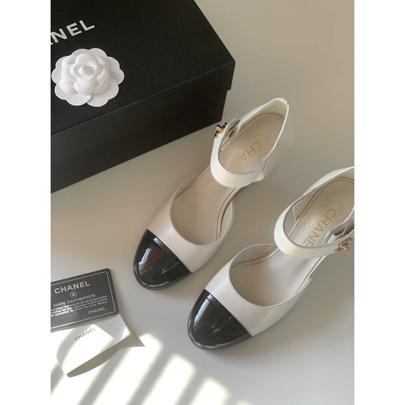 Ch*el lambskin patent cap toe mary jane wedge pumps white black