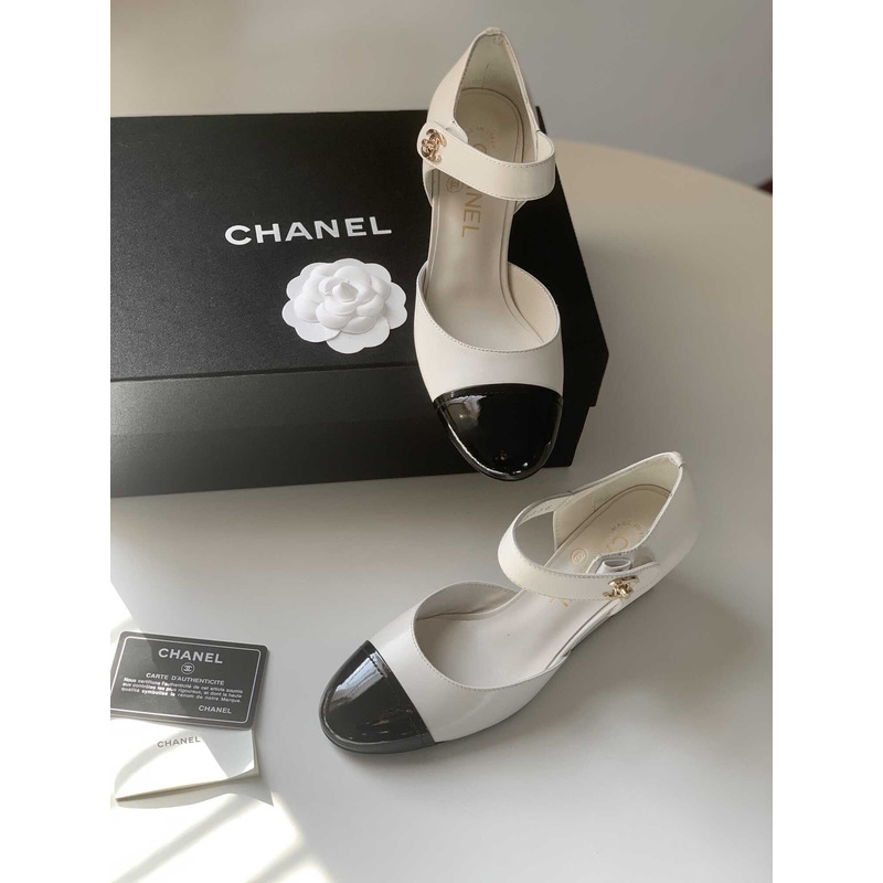 Ch*el lambskin patent cap toe mary jane wedge pumps white black