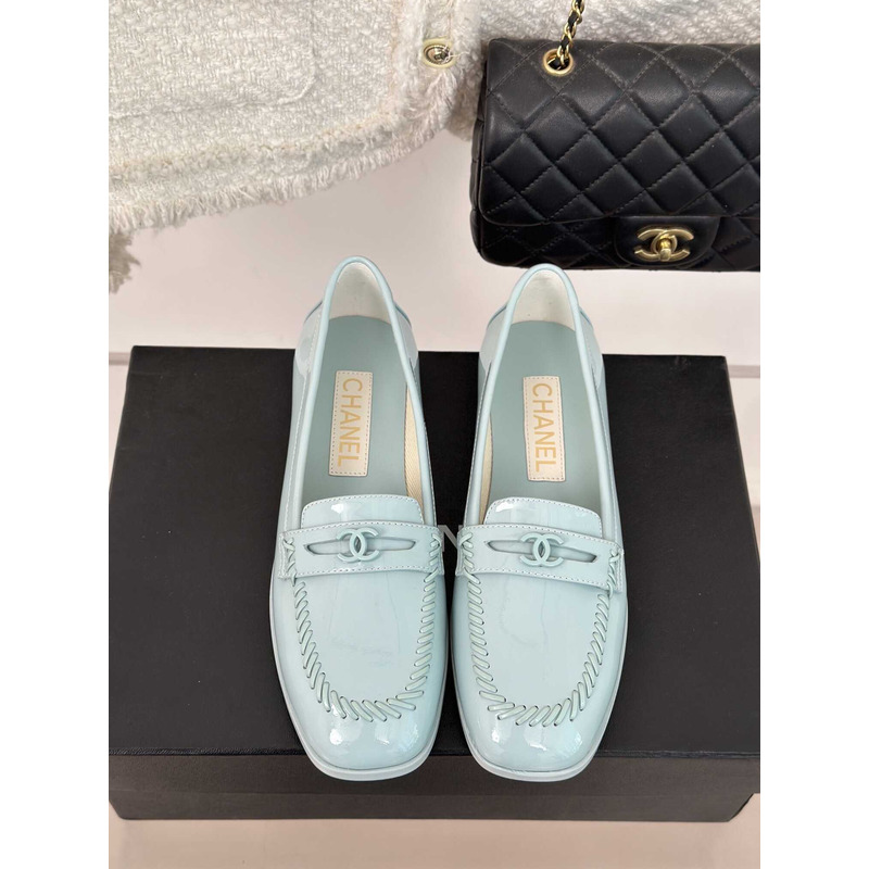 Ch*el moccasins patent calfskin loafers light blue