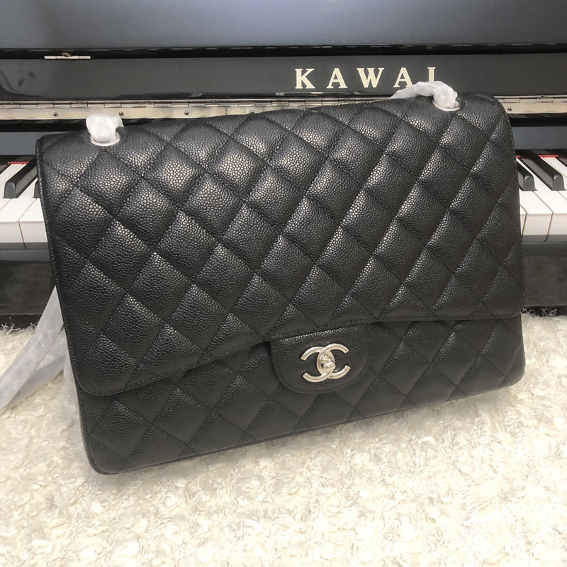 Ch*el classic double flap quilted caviar silver-tone large black