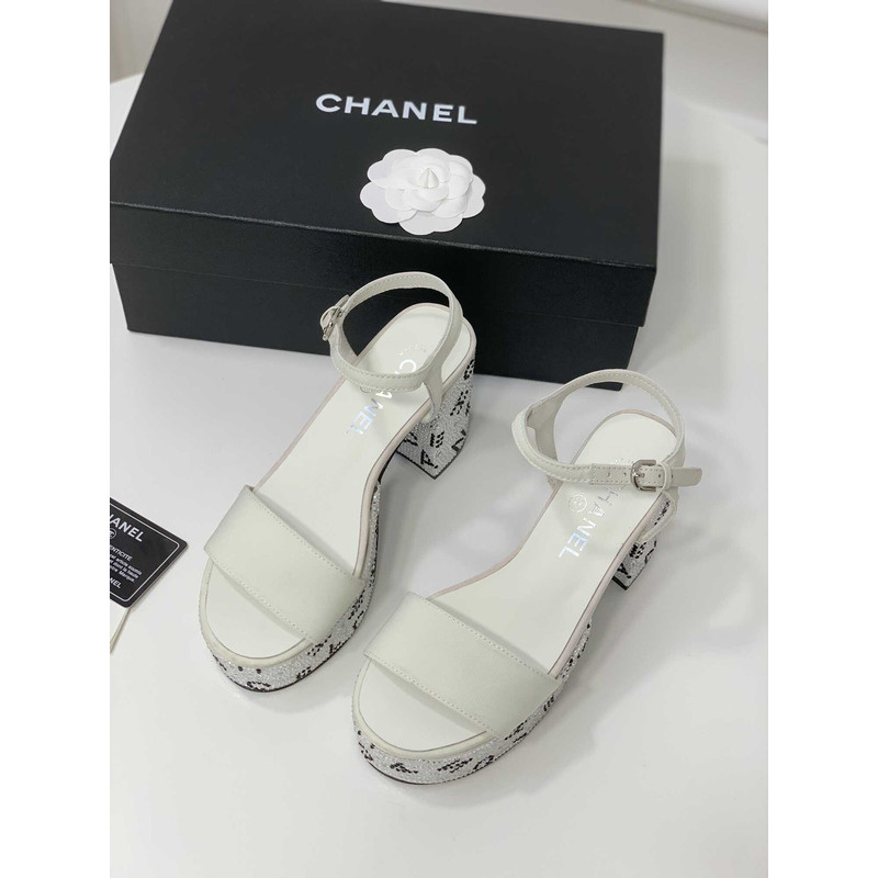 Ch*el sandals grosgrain & diamanté white