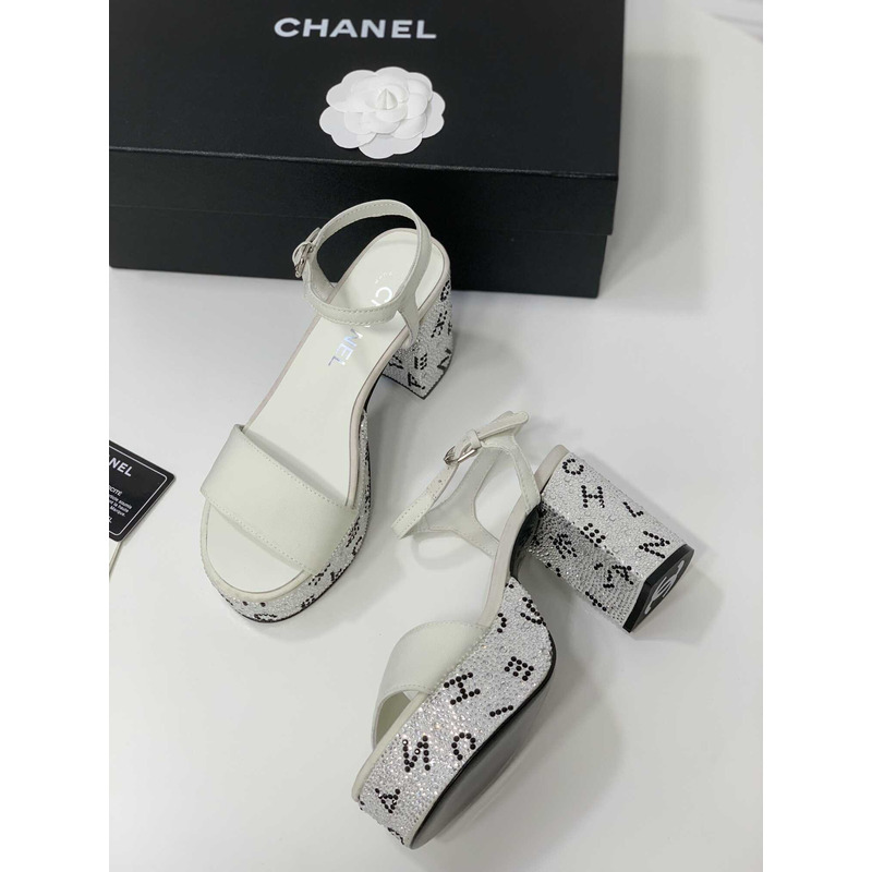 Ch*el sandals grosgrain & diamanté white