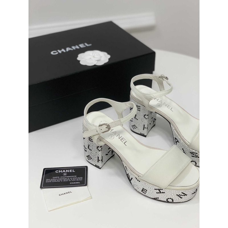 Ch*el sandals grosgrain & diamanté white