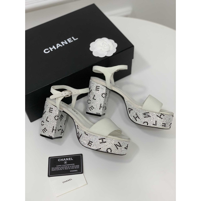 Ch*el sandals grosgrain & diamanté white