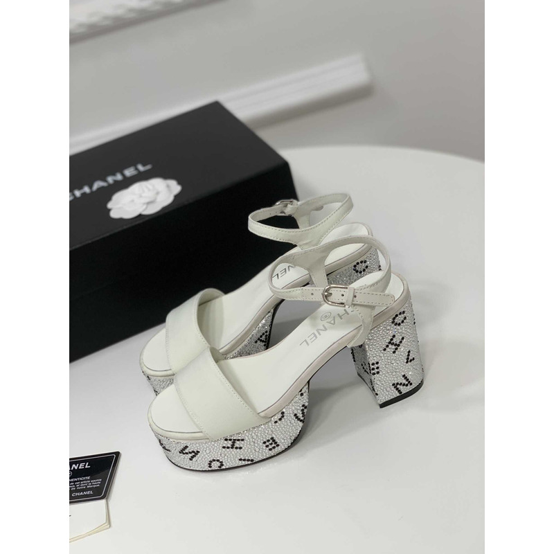 Ch*el sandals grosgrain & diamanté white