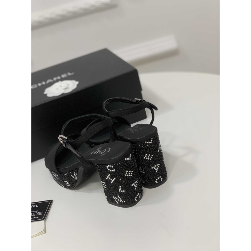 Ch*el sandals grosgrain & diamanté black & silver