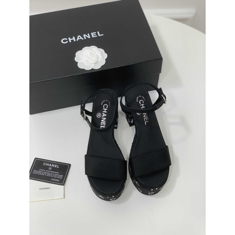 Ch*el sandals grosgrain & diamanté black & silver