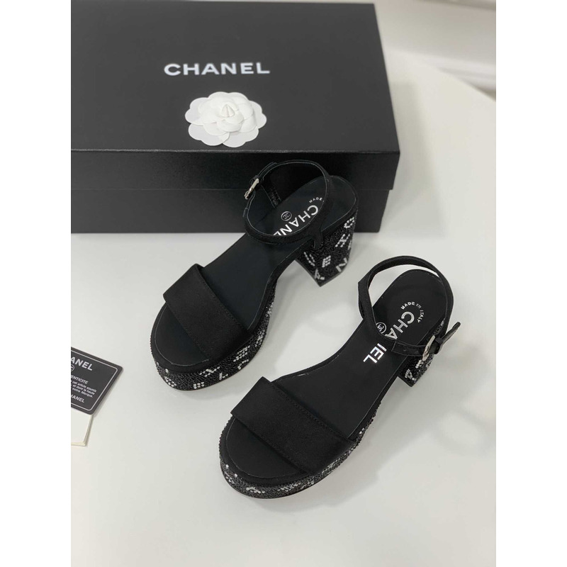 Ch*el sandals grosgrain & diamanté black & silver