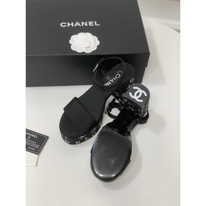 Ch*el sandals grosgrain & diamanté black & silver