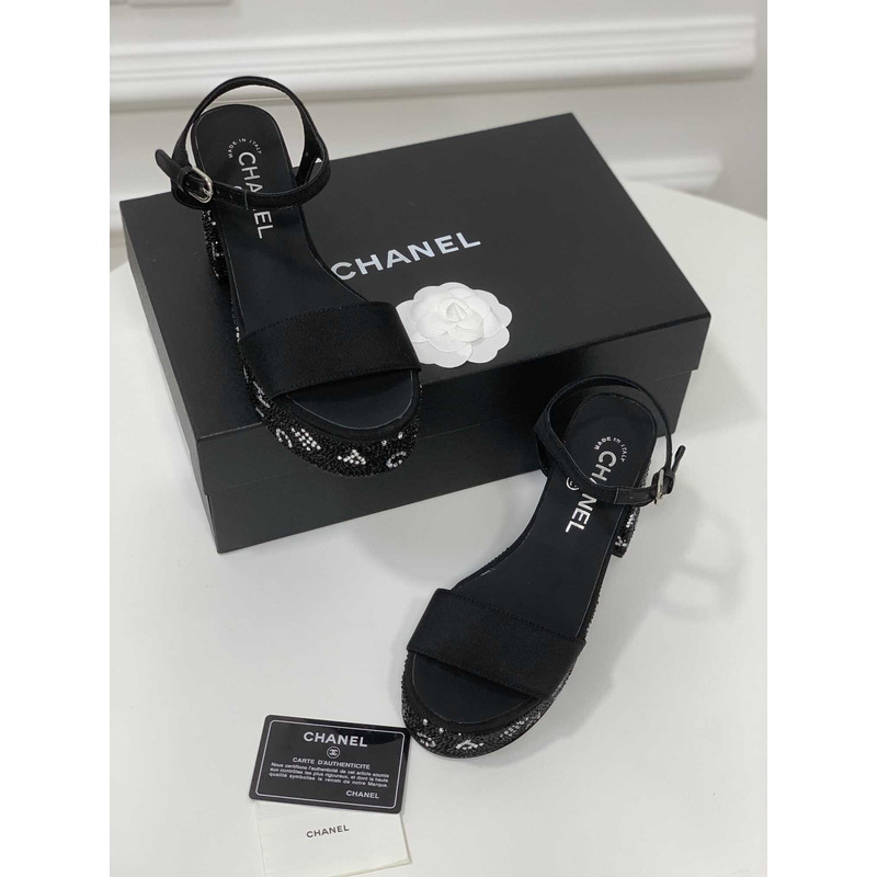 Ch*el sandals grosgrain & diamanté black & silver