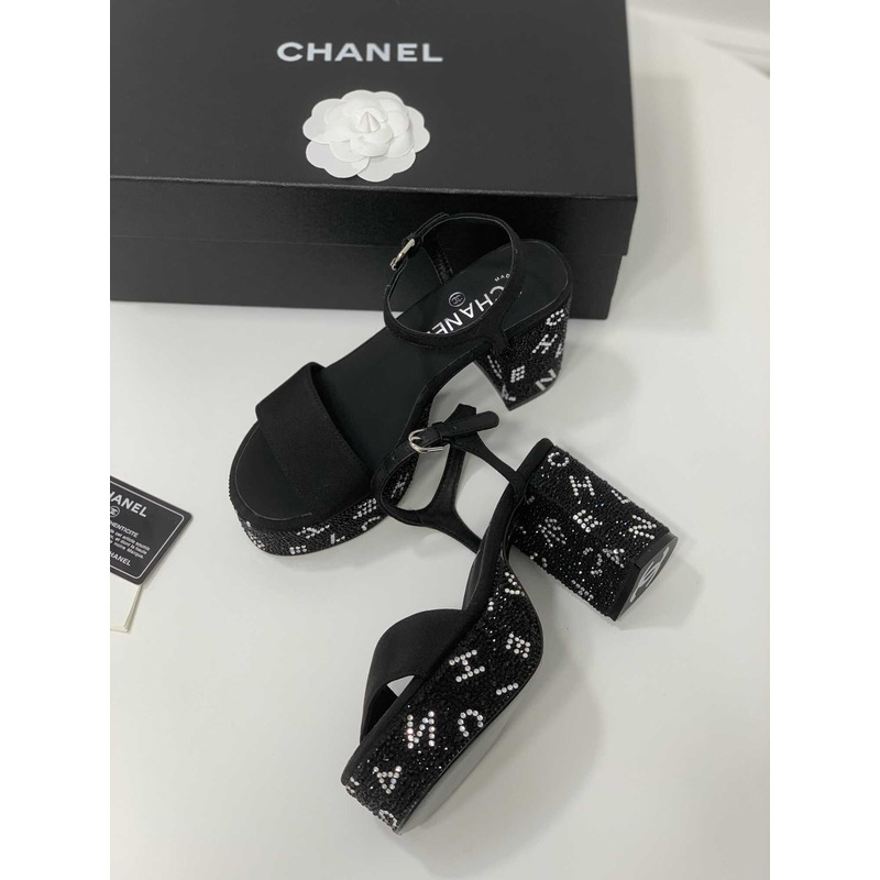 Ch*el sandals grosgrain & diamanté black & silver