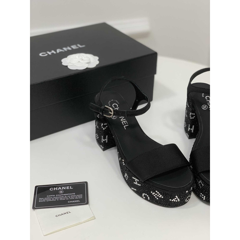 Ch*el sandals grosgrain & diamanté black & silver