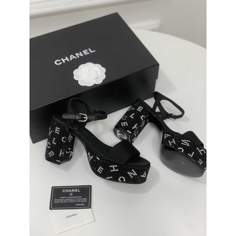 Ch*el sandals grosgrain & diamanté black & silver