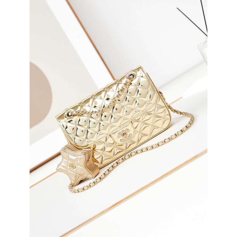 Ch*el flap & star coin purse metallic mirror calfskin, metallic lambskin & gold-tone metal light gold